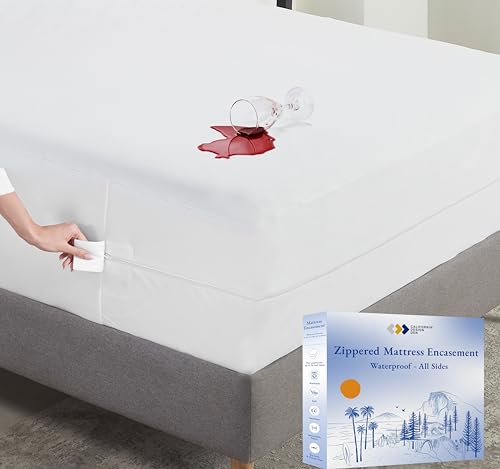 California Design Den 100% Waterproof Zippered Mattress Encasement - Twin Mattress Cover - 6 Sided Protection - Premium Quality, Breathable and Durable Twin Box Spring Cover (White)