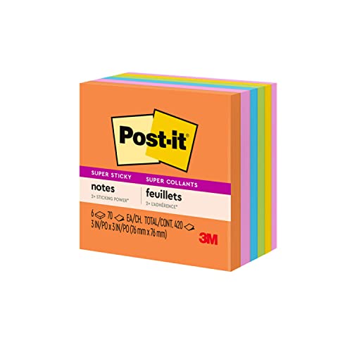 Post-it Super Sticky Notes, 3x3 in, 6 Pads, 2X The Sticking Power, Energy Boost Collection, Bright Colors (Orange, Pink, Blue, Green),Recyclable (654-6SSAU)
