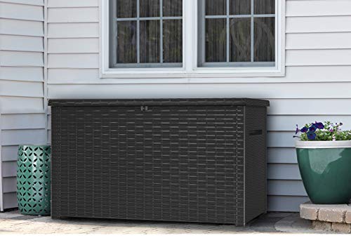 Keter Java XXL 230 Gallon Resin Rattan Look Large Outdoor Storage Deck Box for Patio Furniture Cushions, Pool Toys, and Garden Tools, Dark Grey