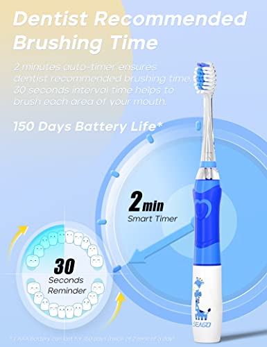 SEAGO Kids Electric Toothbrush with 2 Mins Brushing Timer and 4 Replacement Bursh Heads, Rainbow LED Light Make Brushing Fun, Blue Color Boys Battery Powerd Toothbrush for 4-12 Years Old