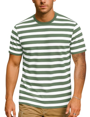 Zengjo Mens Striped T Shirt Crew Neck Short Sleeve(Red White,XXL)