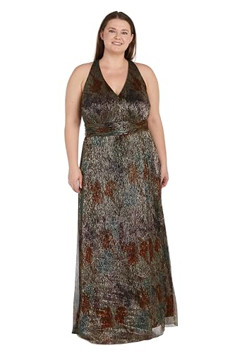 R&M Richards Women's Printed Metallic Crinkle V Neck Halter Dress, Bronze