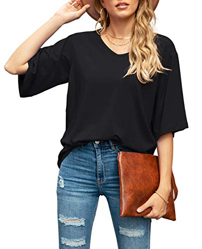 SUEANI Women's Summer V-Neck 3/4 Bell Sleeve Loose Shirt Casual Basic Top(Medium, VG Cerise)