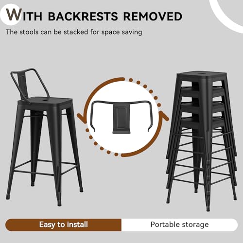 Changjie Furniture Industrial Metal Bar Stools with Backs Set of 4, Counter Height Barstools for Home Kitchen, Durable and Stylish Bar Stools Set (24 inch, Matte Black)