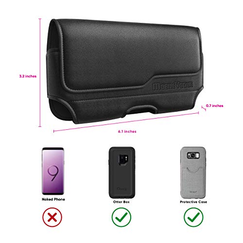Mobile Vogue by Reiko Premium Eco-Friendly Leather Phone Pouch Belt Clip Holster Compatible with iPhone/Galaxy/Stylo/Android Phone with Protective Case on (Black-MV115, 5.8 x 3.2 x 0.7 in)