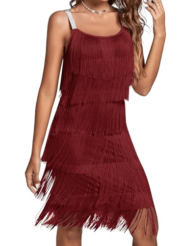 Umenlele Women’s 1920s Flpper Dress Gatsby Sleeveless All Over Tassel Tiered Fringe Cocktail Party Dress Wine Red# Small
