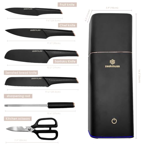 ZEEKMUSS Knife Set Knife Sets for Kitchen with Block 6-Piece Stainless Steel Block Knife Set with Sharpener Kitchen Scissors Smart Knife Holder Keep Clean and Dry Kitchen Home Gift (Black)