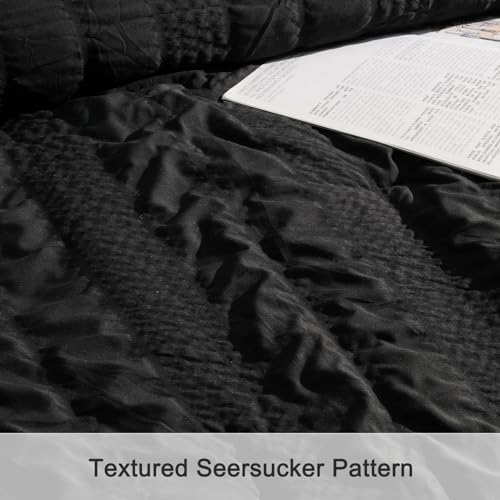 PHF Seersucker Black Twin Size Comforter Set, 2 Pieces Summer Lightweight Soft Fluffy Bedding Set, Boho Strip Comy Down Alternative Cooling Comforter with 1 Pillowcase, 68" x 90", Black