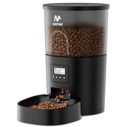 IMIPAW Automatic Cat Feeder, 3L Timer Controlled Dry Food Dispenser for Pets, 1-6 Meals Per Day, Dual Power Supply, Programmable Portion Size, Black