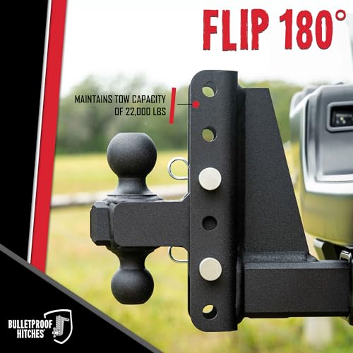 BulletProof Hitches - 2.5" Adjustable Heavy Duty Trailer Hitch (22,000 lb. Rating) - 4" Drop/Rise Trailer Hitch with 2" & 2-5/16" Dual Ball - Powder Coat, Solid Steel, Corrosion-Resistant