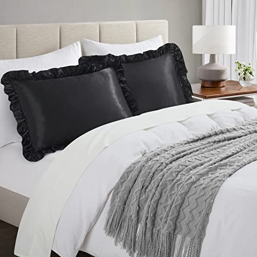HommxJF Silky Satin Ruffled Pillow Cases for Hair and Skin,White Silk Pillowcases King Set of 2 with Envelope Closure Princess Room Decoration