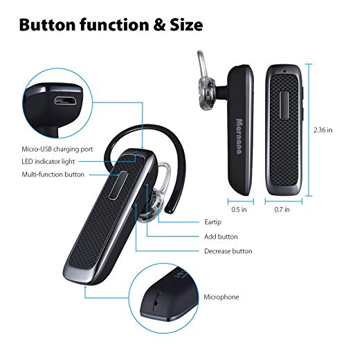 Marnana Bluetooth Headset, Hands-Free Wreless Bluetooth Earpiece with 18 Hours Playtime and Noise Cancelling Mic for iPhone Samsung Android Cell Phone Truck Driver - Black