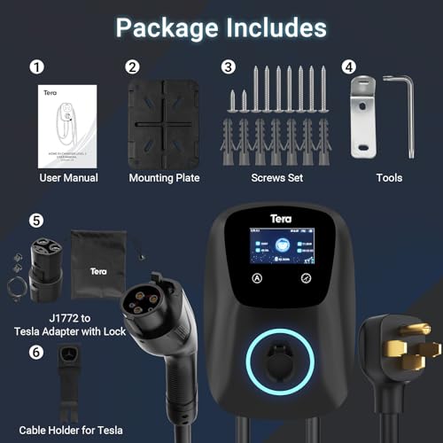 Tera Electric Vehicle Charger for Tesla: Level 2 J1772 2024 Newest ETL Certified 48A with Manual Setting Amps & Schedule on Unit 240V NEMA 14-50 Black