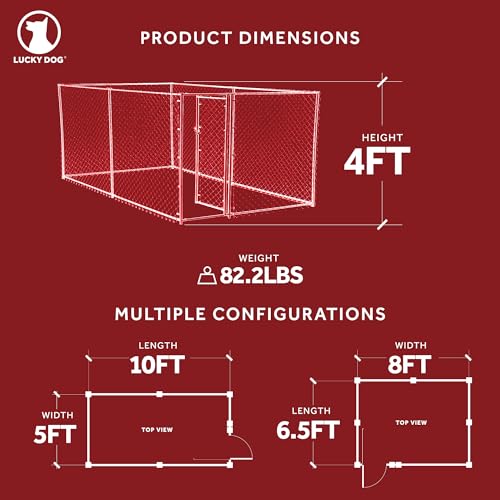 Lucky Dog Heavy Duty Outdoor Galvanized Chain Link Dog Kennel Enclosure with Latching Door, 1.5 Inch Raised Legs, and Adjustable Configuration, Silver