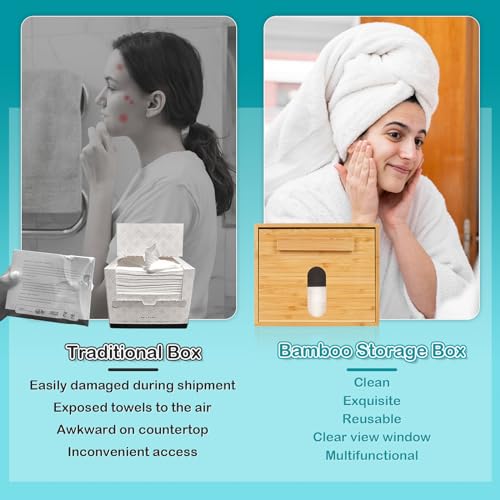Disposable Face Towel XL Storaged with Luxe Bamboo Box, Face Towelettes Disposable 50 Count, Facial Towel Makeup Remover Cloth and Facial Wash Dry Wipes