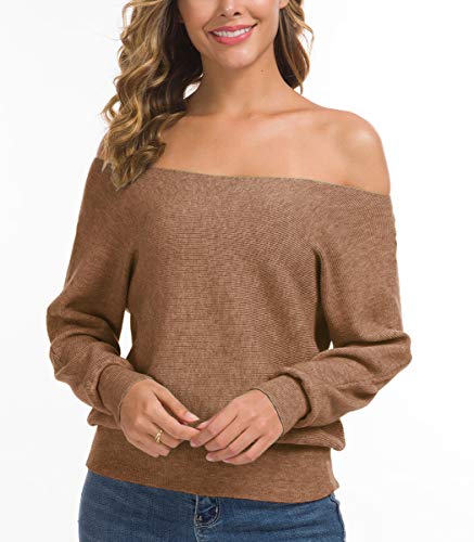 Feiersi Women's Off Shoulder Sweater Long Sleeve Loose Pullover Knit Jumper (Rose Red,Large)