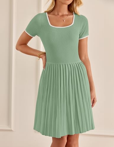 ZESICA Women's Ribbed Square Neck Color Block Pleated Mini Dress 2024 Short Sleeve A Line Knit Short Dresses Almond S