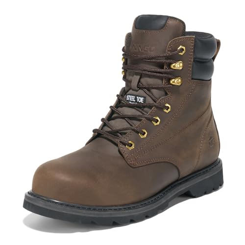 NINGO Steel Toe Work Boots for Men, Comfortable Leather Industrial & Construction Boots, Oil & Water Resistance Anti Slip Safety Boots with EH Protection, for Outdoor Factories Warehouses Farms