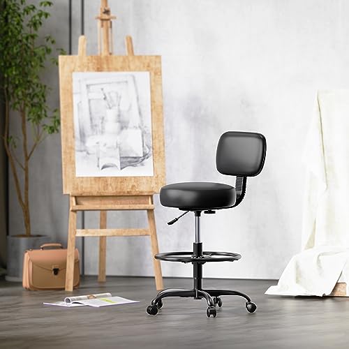SUPERJARE Drafting Chair with Back, Adjustable Foot Rest Rolling Stool, Multi-Purpose Office Desk Chair, Thick Seat Cushion for Home Bar Kitchen Shop - All Black