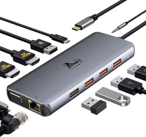 USB C Docking Station Dual Monitor, 11-in-1 USB-C Laptop Docking Station to Dual 4K HDMI,VGA,Gigabit Ethernet,3 * 10G USB 3.1,2*USB 2.0,87W PD,3.5mm Audio/Mic for Dell/Surface/HP/Lenovo Laptops