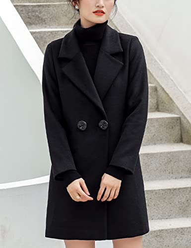 Tanming Womens Elegant Notched Collar Button Wool Blend Solid Long Pea Coat Overcoat (Black-S)