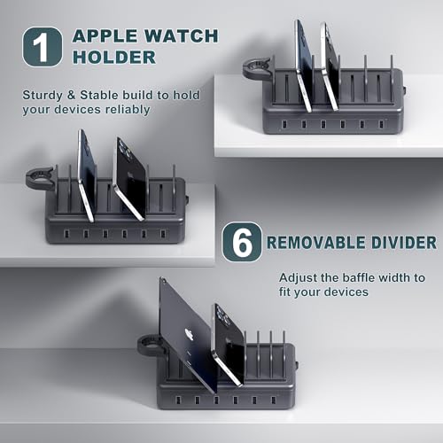Honcila Charging Station for Multiple Devices, 6 in 1 Charger Station Multiple Charging Station for Cellphone Tablet iPhone iPad and More-50W Charging Dock with Mixed Charging Cables