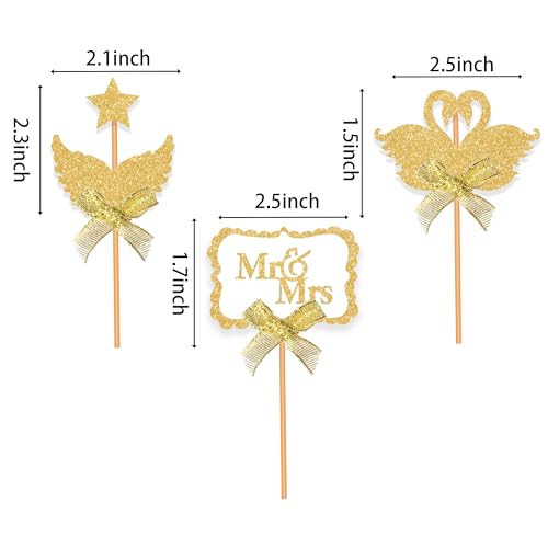 Blopee Wedding Cupcake Topper, Oblong Gold Mr and Mrs Cake Topper, Funny Wedding Cake Toppers Bride and Groom, 12 PCS Elegant Wedding Toppers for Cake Decorations