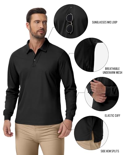 Cityork Men's Polo Shirt Long Sleeve Golf Polo Shirts for Men Moisture Wicking Button Down Dry Fit Comfort Colors T Shirt UPF50+ Black