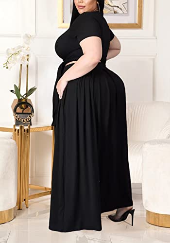 Womens Sexy Plus Size 2 Piece Dress Outfits Short Sleeve Bandage Wrap Empire Crop Tops and Skirt Sets-Black