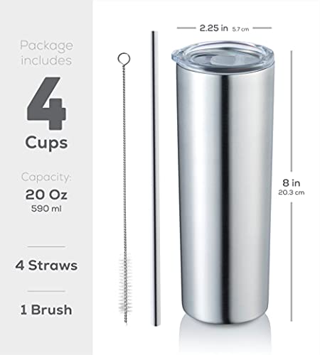 Insulated Skinny Stainless Steel Tumbler Set - 4-Pack 20oz Tumbler with Straw - Travel Coffee Mug With PBA Free Lids - Slim Vacuum Insulated Keep Hot and Cold - Great for Home, Office.