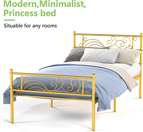 Weehom Twin Size Bed Frame with Headboard No Box Spring Needed Platform Single Bed for Kids, Gold