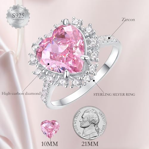 RUKYU 925 Sterling Silver Pink Ring - 9.22 CT Pink Heart Diamond Engagement Ring - Premium 18K White Gold Plated -Elegant Pink Rings for Women on Anniversary, Wedding(Size 6)