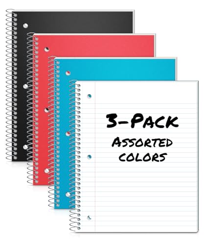 Dunwell 1 Subject Wide Ruled Spiral Notebooks, (3-Pack, Red Blue Black) Plastic Cover Notebooks, 100 Sheets, 8x10.5 Wide Rule Notebook for School, Kids, Perforated Pages, 3 Single Subject Notebooks