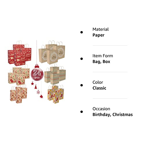 YDP Christmas Gift bags-24Count Kraft Assorted Sizes Holiday Wrapping Paper Gift Bag With Handle-Great for Christmas Gift For Women, Mum, Kids Dad (MIX, Xmas)