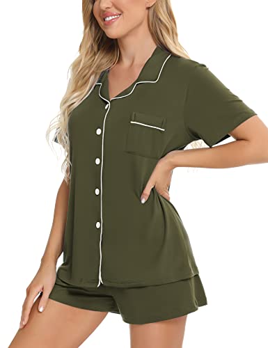 SWOMOG Womens Button Down Pajamas Set Short Sleeve Sleepwear Bride Soft Pj Lounge Sets XS-3XL Oxford Blue Small