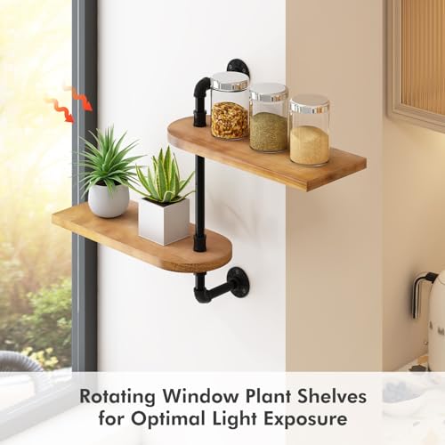 Window Rotating Plant Shelf - 2-Tier Wooden Indoor Plant Stand, 16 inches for Optimal Light Exposure, Wooden Window Shelf for Small Spaces - Ideal for Growing Herbs, Flower Pot Organizer and Storage