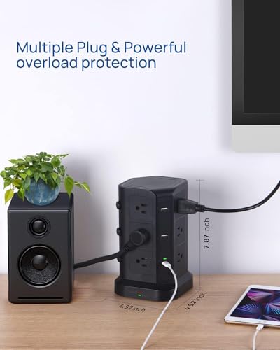 KOOSLA Dual 20W USB-C Power Strip Tower, Surge Protector Power Strip, Power Tower with USB Ports and Widely Spaced AC Outlets,1875W/15A, Charging Tower with 6.5ft Heavy-Duty Extension Cord Black