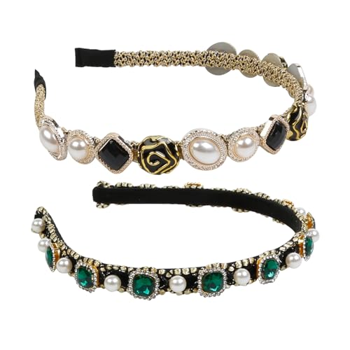Huachi Rhinestone Baroque Crystal Pearl Wide Headband for Women - Elastic Glitter Green Jeweled Bridal Luxury Hairband