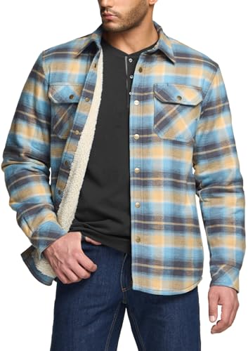 CQR Men's Plaid Flannel Shirt Jacket, Long Sleeve Soft Warm Wool/Sherpa Lined Jacket, Outdoor Button Up/Zip-Front Jacket, Stealth Amazon Grey, Small