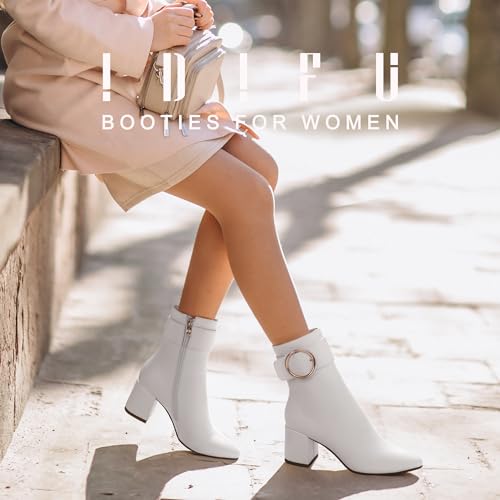 IDIFU Women Dressy Chunky Heel Ankle Boots Pointed Toe Metal Ring Zipper Short Booties -Need Half Size UP (Black Pu, 7)