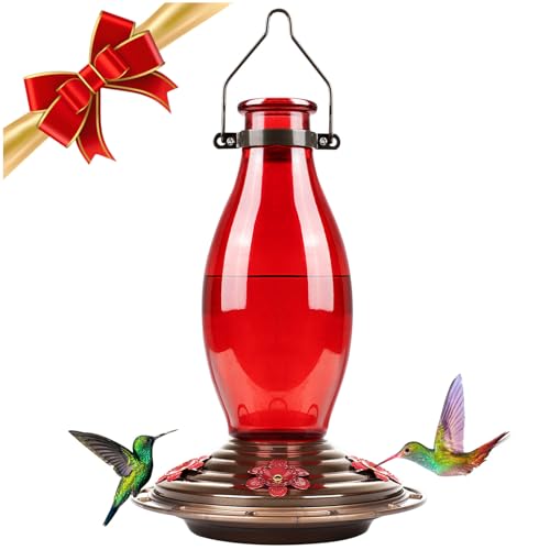 BOLITE Hummingbird Feeder, Glass Hummingbird Feeders for Outdoors Hanging, Five Feeding Ports, 22 Ounces, Red Bottle