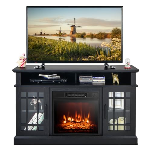 COSTWAY Electric Fireplace TV Stand for TVs Up to 55 Inches, 18-Inch Fireplace Insert with Remote, Overheat Protection, 48-Inch Wooden Media Entertainment Center with Adjustable Shelves, Black