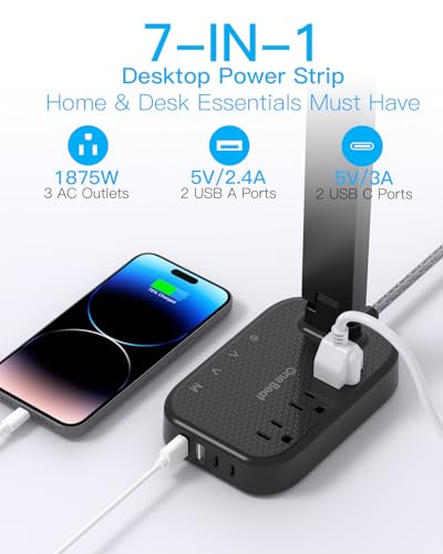 Power Strip with LED Desk Lamp, 3 Outlets 4 USB Ports(2 USBC) 4 Modes 5 Level Touch Lamp Small Desk Lamp for Home Office Bedroom Bedside, Study Reading Light, 5ft Extension Cord, Dorm Room Essentials
