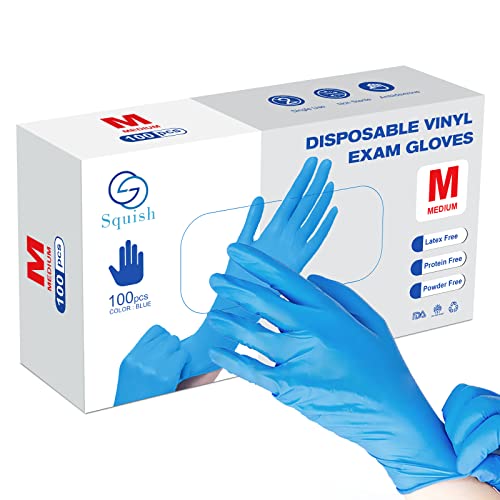 squish Disposable Gloves, Blue Vinyl Synmax Blend Exam Gloves Non Sterile, Powder Free, Latex Free - Cleaning Supplies, Kitchen and Food Safe(Pack of 100) (Blue Medium) 