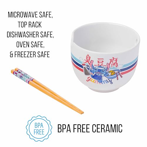Silver Buffalo Lilo and Stitch Yummy Ceramic Ramen Noodle Rice Bowl with Chopsticks, Microwave Safe, 20 Ounces