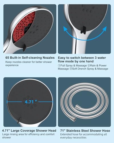 Hibbent Self-Cleaning Shower Head with Handheld, High Pressure 3 Spray Modes Showerhead Set, Powerful Shower Heads with 71'' Stainless Steel Hose, Adjustable Shower Bracket with Brass Joint, Black