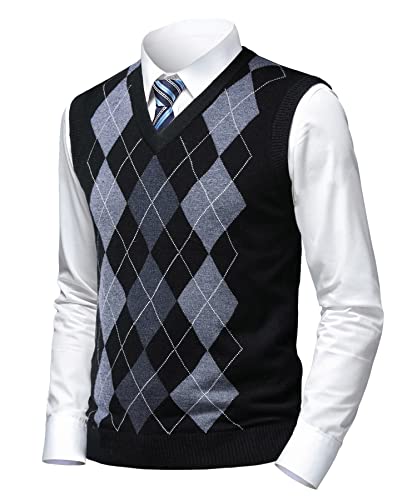 Herothorn Mens Argyle Sweater Vests Classic V-Neck Sleeveless Pullover Grey Black Knitwear Nice Tank Tops for Dad Husband