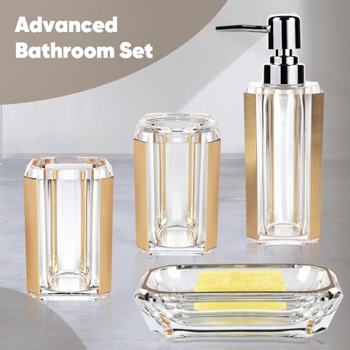 4-Piece Premium Acrylic Bathroom Accessory Set-Hand Sanitizer Bottle Lotion Can Bathroom Suit Separate Bottle Soap Box Mouthwash Cup Toothbrush Cup (Brushed Black)
