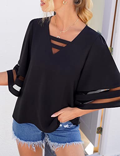 LookbookStore Going Out Tops for Women Blouses for Women Dressy Casual 2024 Summer Black Cute Tops 3/4 Bell Sleeve Loose Shirt Tops to Wear with Leggings Black Blouse Size XL Size 16 18