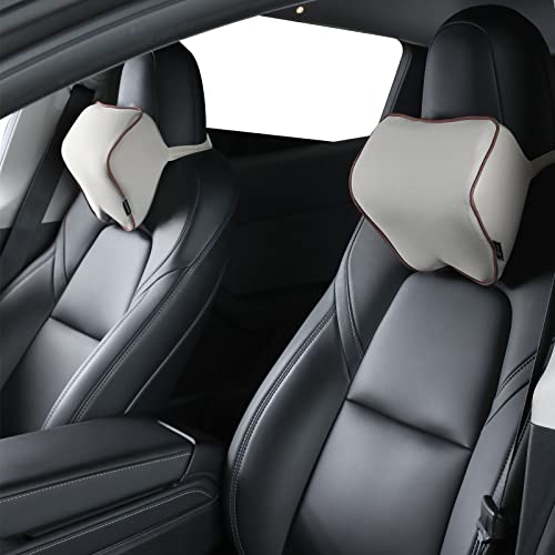Crofy 2 Pack Car Neck Pillow, Softness Car Headrest Pillow for Driving with Adjustable Strap, 100% Memory Foam and Breathable Removable Cover, Comfortable Ergonomic Design (Beige)